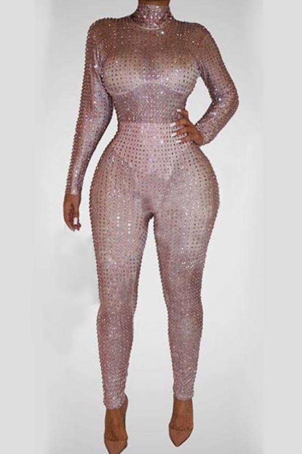 

Lovely Sexy Sequined See-through Pink One-piece Jumpsuit