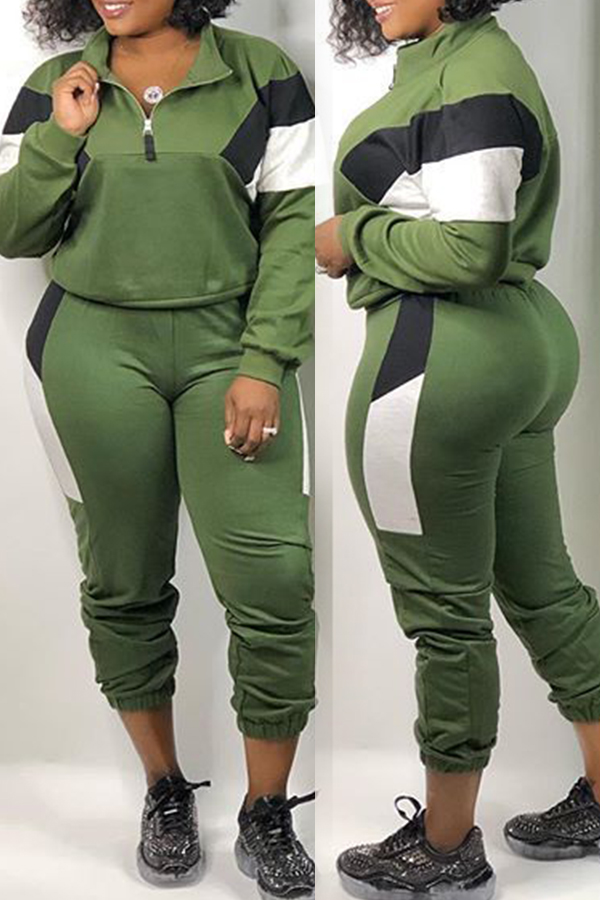 

Lovely Leisure Patchwork Green Two-piece Pants Set