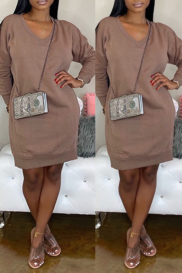 

Lovely Casual V Neck Loose Coffee Knee Length Dress