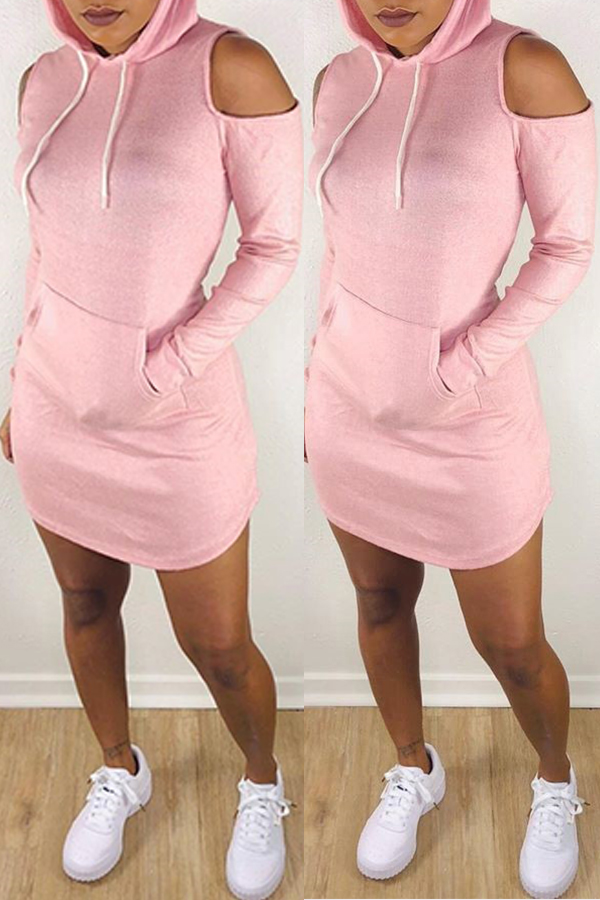 Cheap Dress Lovely Casual Hooded Collar Dew Shoulder Pink Mini Dress