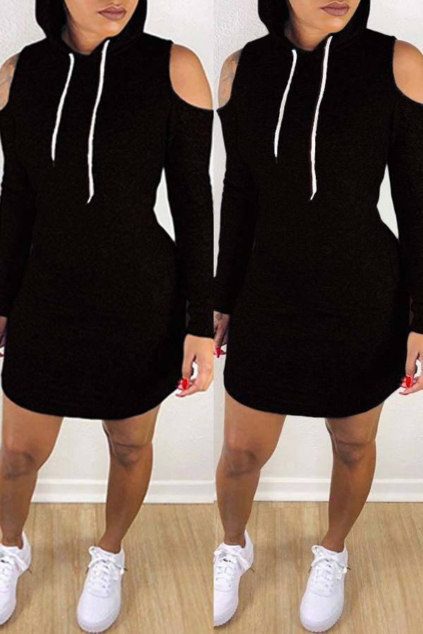 

Lovely Casual Hooded Collar Dew Shoulder Black Mini Dress