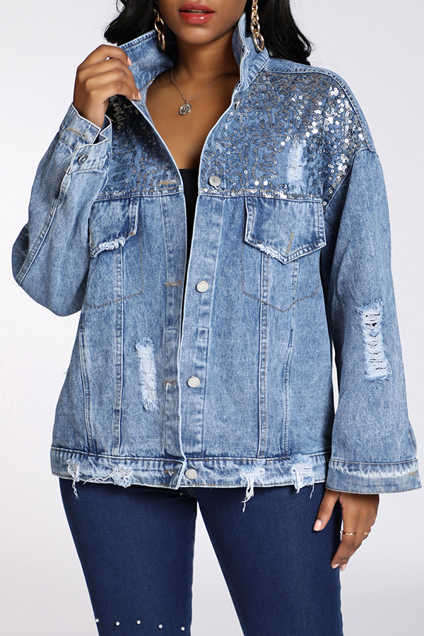 

Lovely Trendy Sequined Decorative Blue Coat