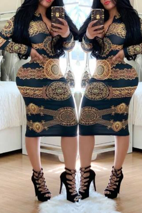 

Lovely Trendy Printed Skinny Black Knee Length Dress