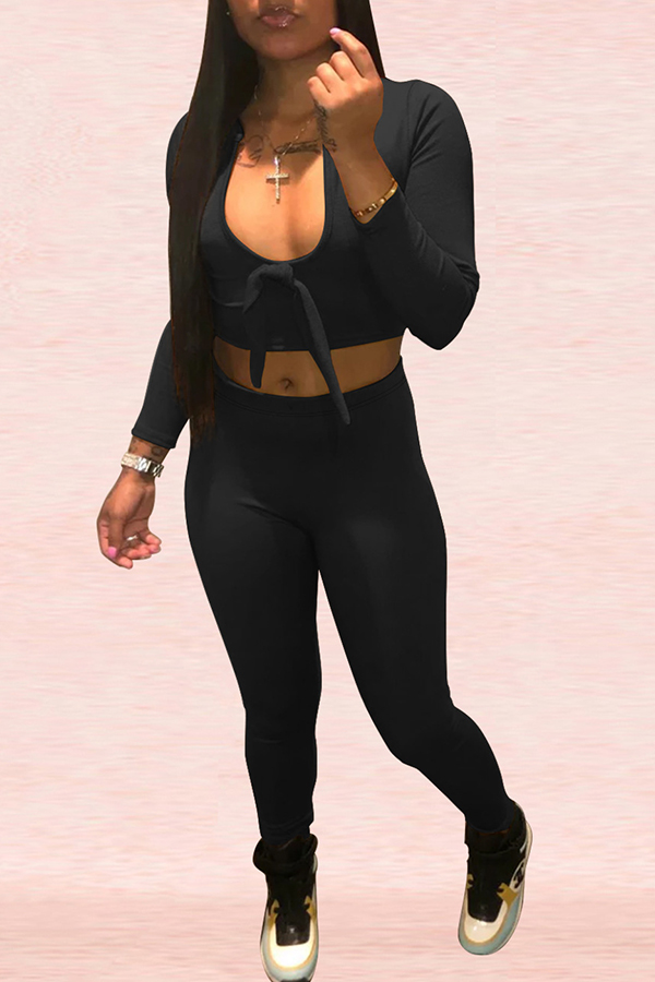 

Lovely Casual U Neck Skinny Black Two-piece Pants Set