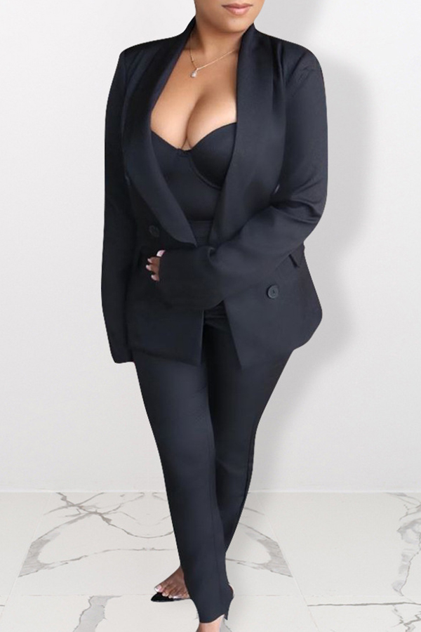 

Lovely Work Turn-back Collar Buttons Design Black Two-piece Pants Set