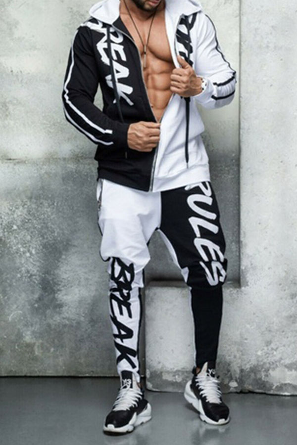 

Lovely Casual Hooded Collar Printed Black And White Two-piece Pants Set