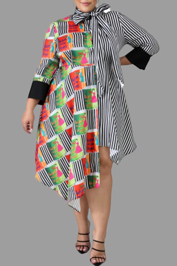 

Lovely Casual Asymmetrical Patchwork Striped Mid Calf Plus Size Dress, Stripe