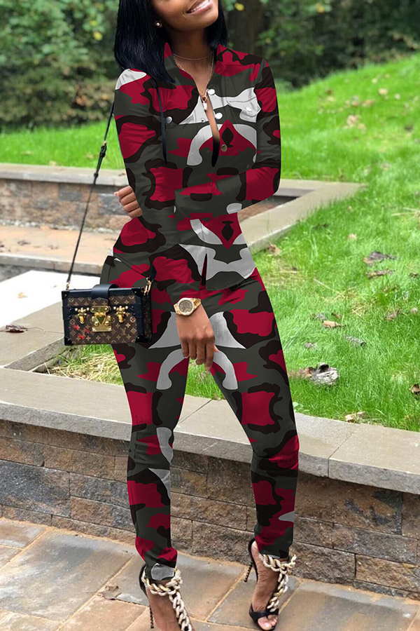 

Lovely Casual Turndown Collar Printed Red Two-piece Pants Set