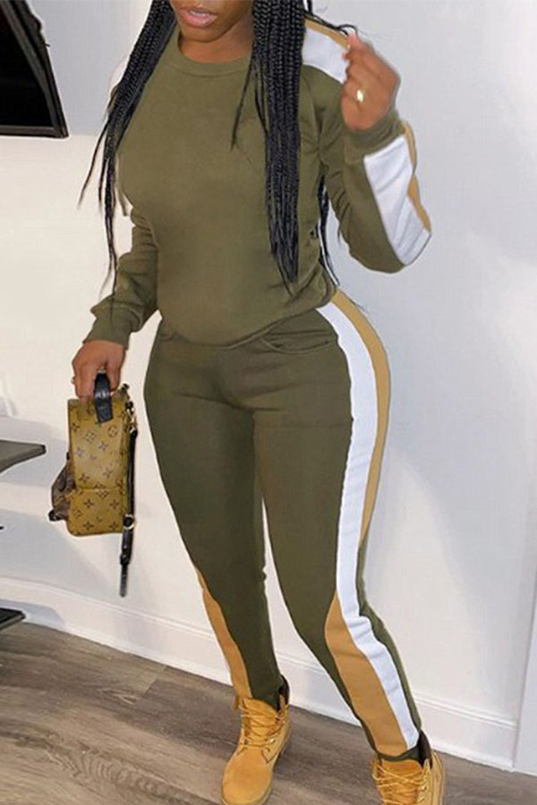 

Lovely Casual Hooded Collar Patchwork Army Green Two-piece Pants Set
