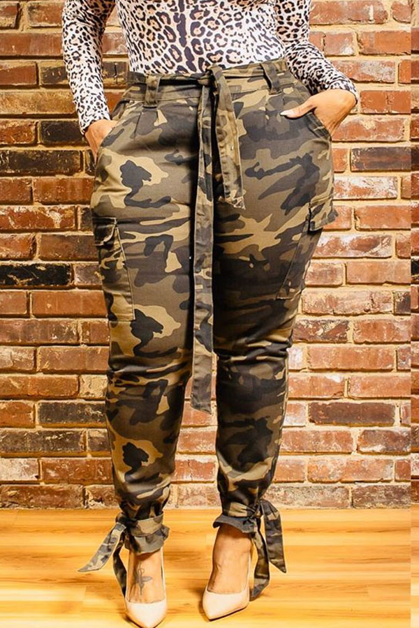 Cheap Plus Size Pants Lovely Casual Camouflage Printed Army Green Plus