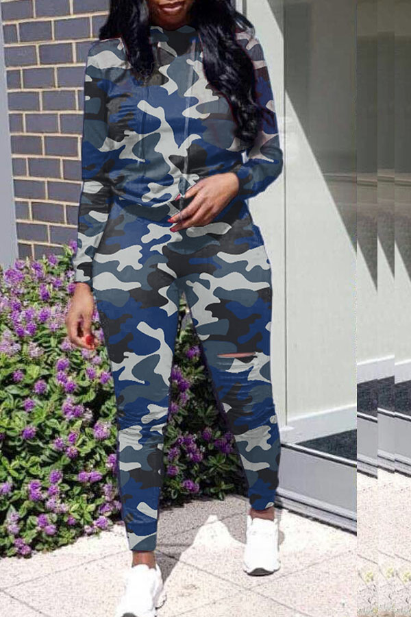 

Lovely Casual Hooded Collar Camouflage Printed Blue Two-piece Pants Set, Blue camouflage