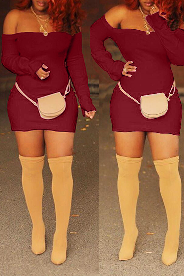 

Lovely Casual Off The Shoulder Skinny Wine Red Mini Dress