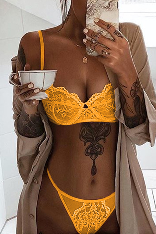 Lovely Sexy See-through Yellow Bra Sets