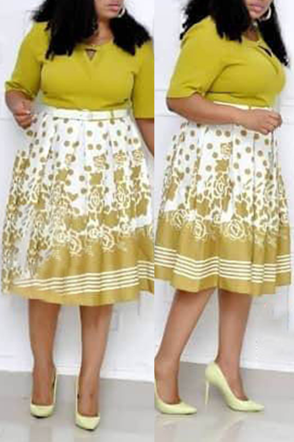 

Lovely Casual Printed Yellow Knee Length Plus Size Dress