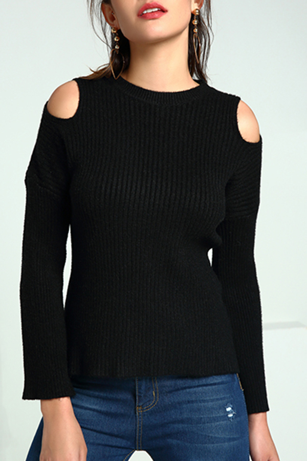 

Lovely Casual Dew Shoulder Black Knitting Sweaters