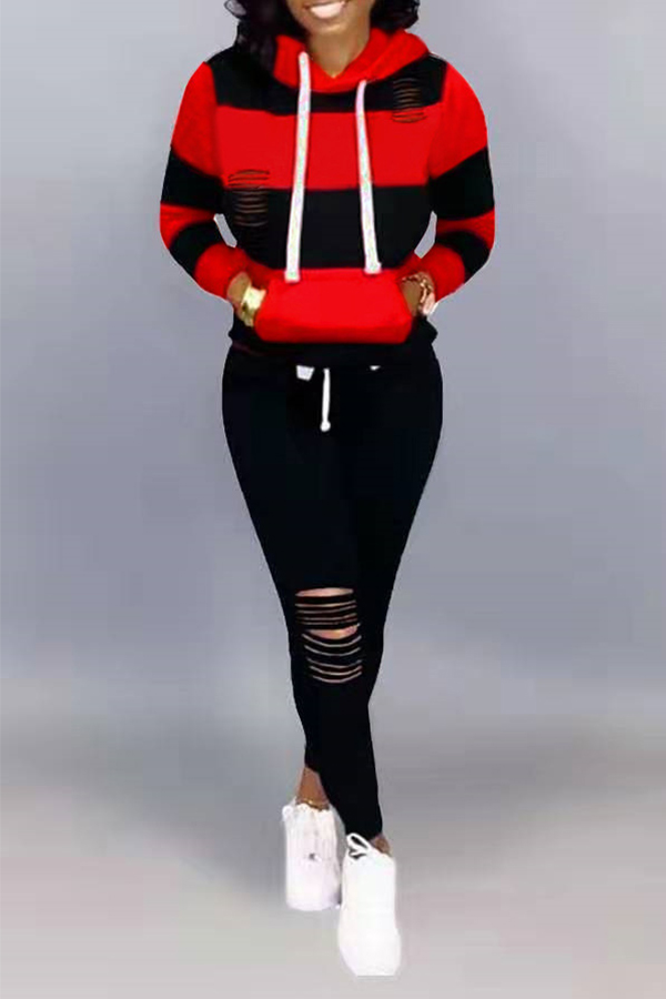 

Lovely Casual Hooded Collar Hollow-out Black Two-piece Pants Set