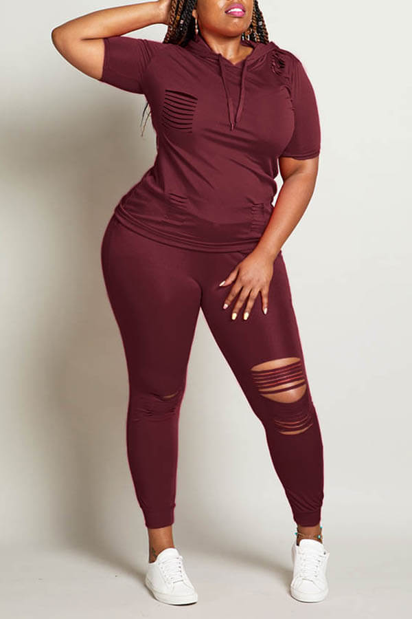 

LW Plus Size Casual Hollow-out Wine Red Two-piece Pants Set