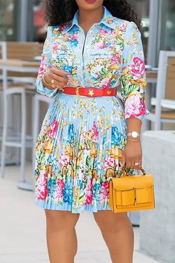 

Lovely Casual Printed Sky Blue Knee Length Plus Size Dress(Without Belt, Skyblue
