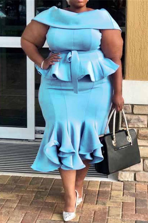 

Lovely Casual Flounce Design Blue Mid Calf Trumpet Mermaid Plus Size Dress