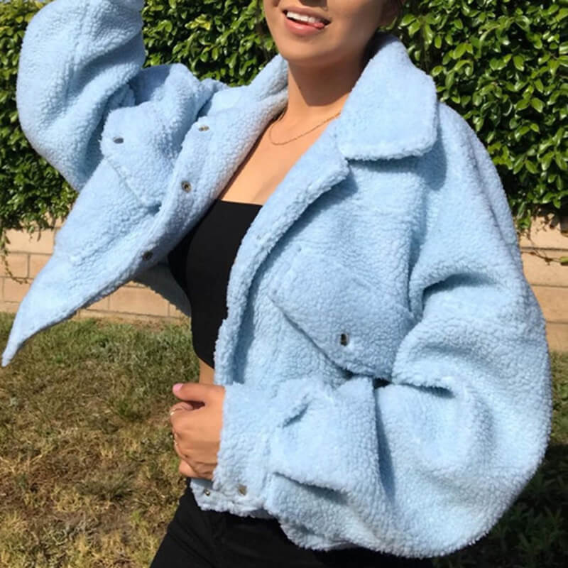 

Lovely Casual Buttons Design Blue Teddy Coat