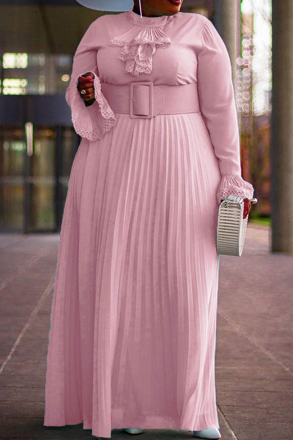 

Lovely Casual Ruffle Design Pink Floor Length Plus Size Dress(Without Belt