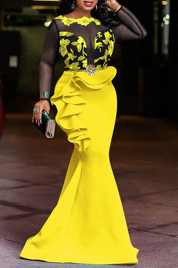 

Lovely Party Patchwork Flounce Yellow Floor Length Prom Dress