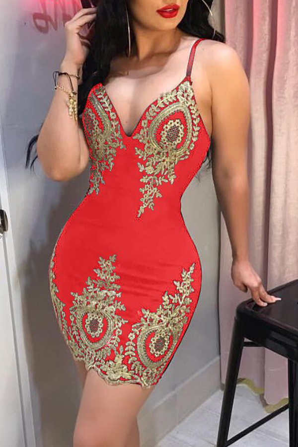 

Lovely Stylish V Neck Printed Red Mini Evening Dress