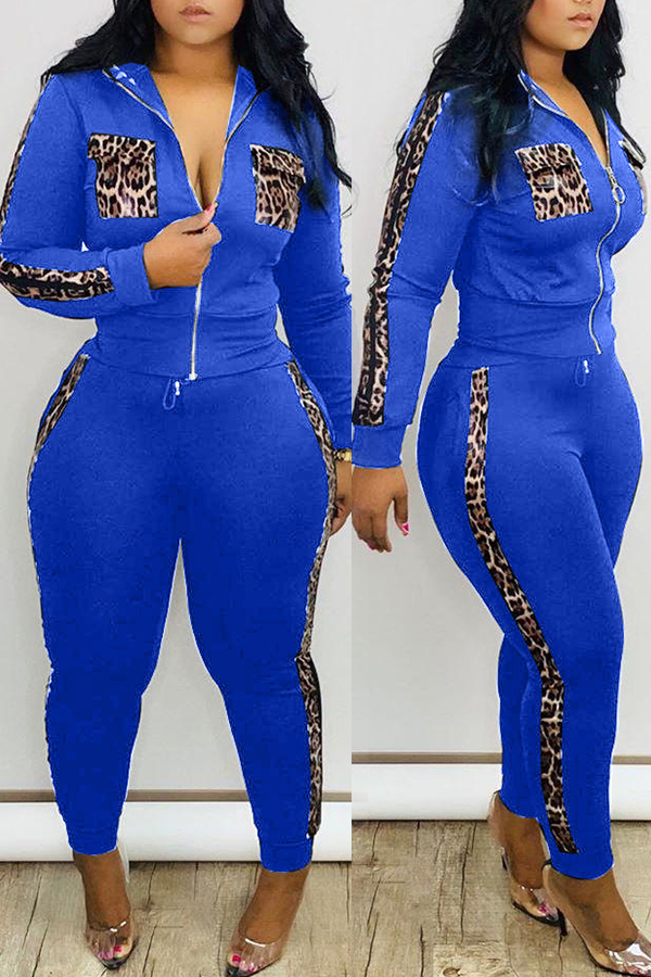 

Lovely Casual Patchwork Blue Two-piece Pants Set