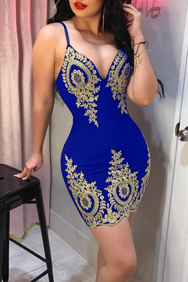 

Lovely Stylish V Neck Printed Royal Blue Mini Evening Dress, Royalblue