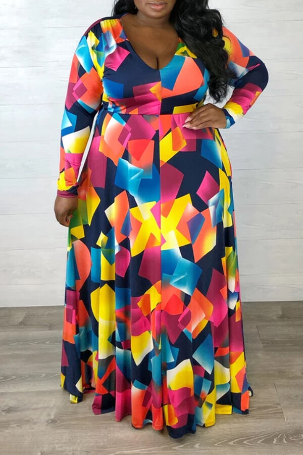 

Lovely Casual Geometric Printed Multicolor Plus Size Dress, Multi