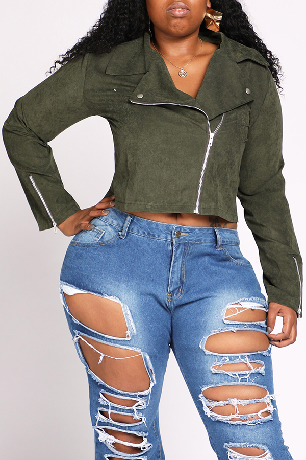 

Lovely Casual Zipper Design Army Green Plus Size Jacket