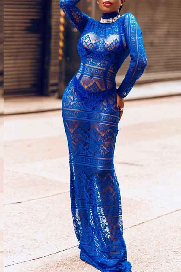 

Lovely Casual Turtleneck Hollow-out Blue Evening Dress