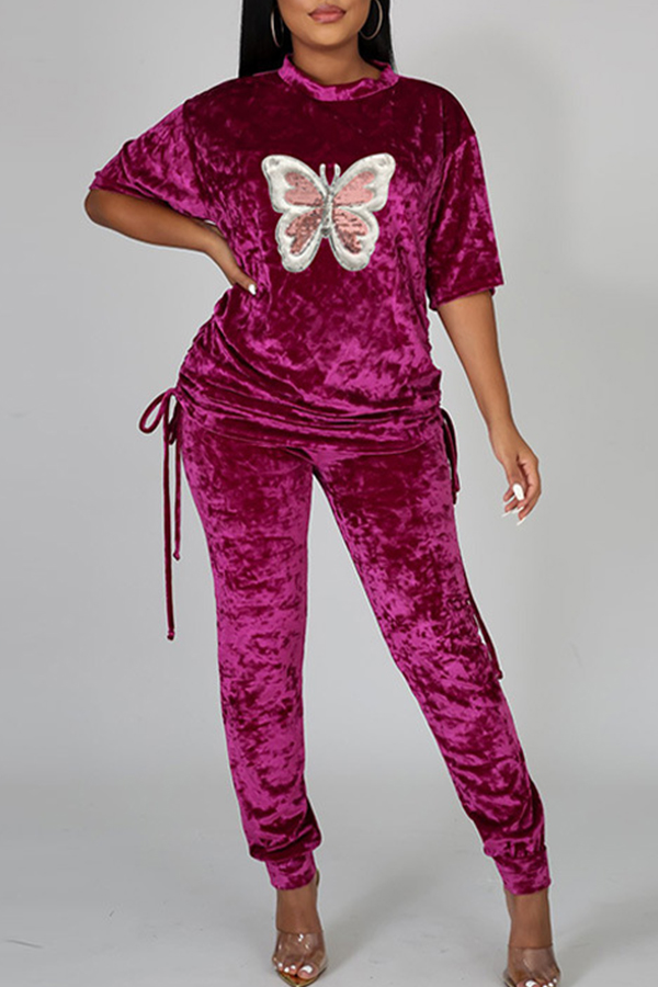 

Lovely Casual Butterfly Purple Two-piece Pants Set
