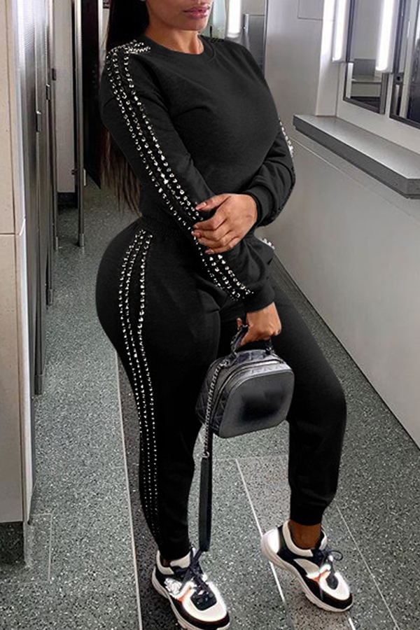 

Lovely Casual O Neck Patchwork Black Two-piece Pants Set