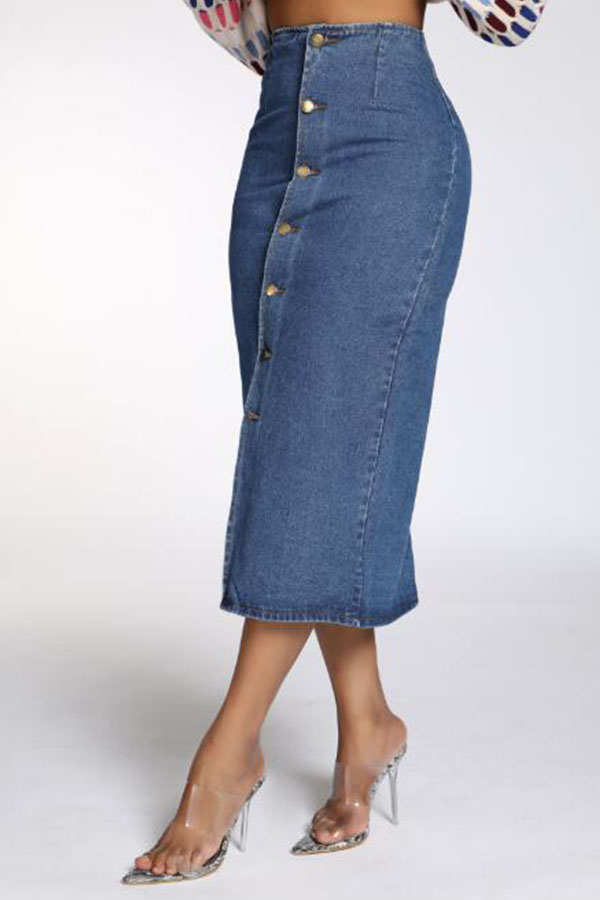 

Lovely Chic Buttons Design Blue Denim Mid Calf Skirt