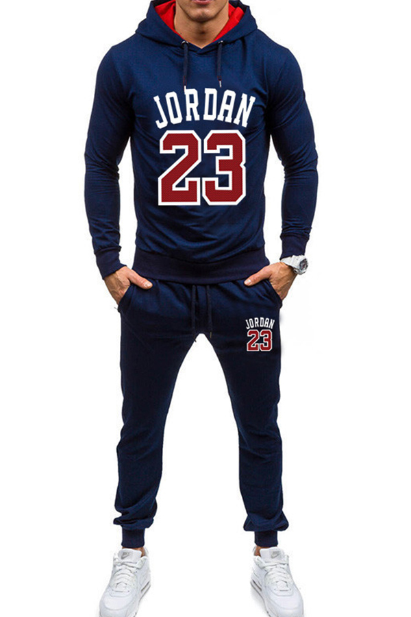 

Lovely Casual Hooded Collar Letter Deep Blue Two-piece Pants Set