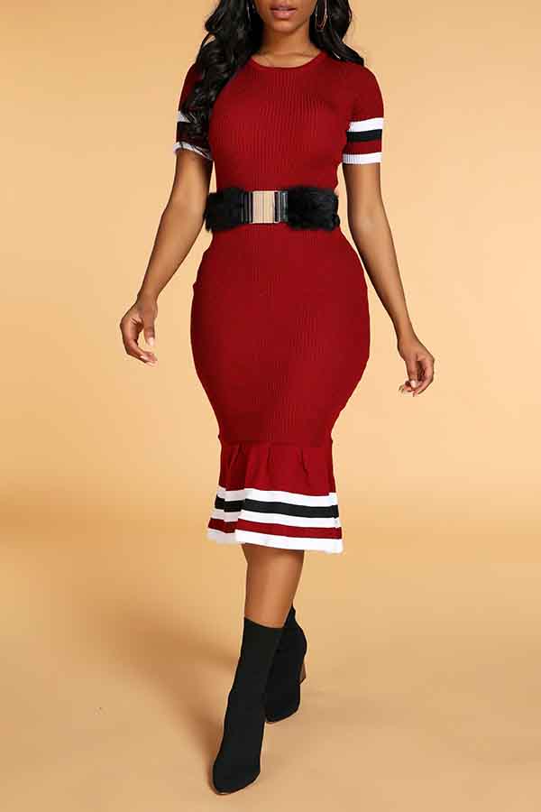 

Lovely Chic Striped Wine Red Knee Length Dress