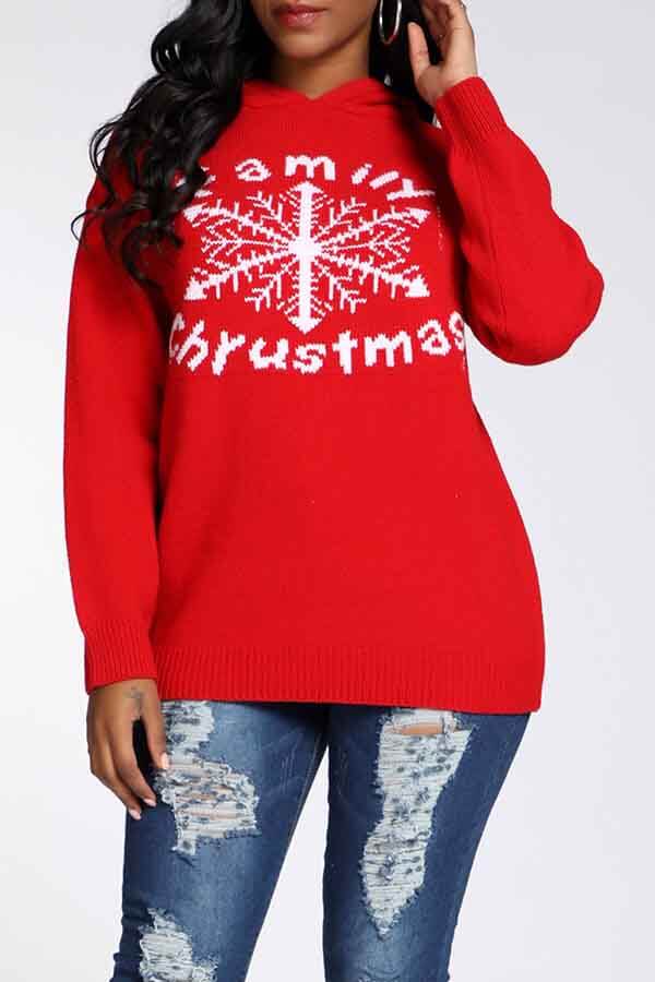 

Lovely Christmas Day Hooded Collar Letter Red Sweater