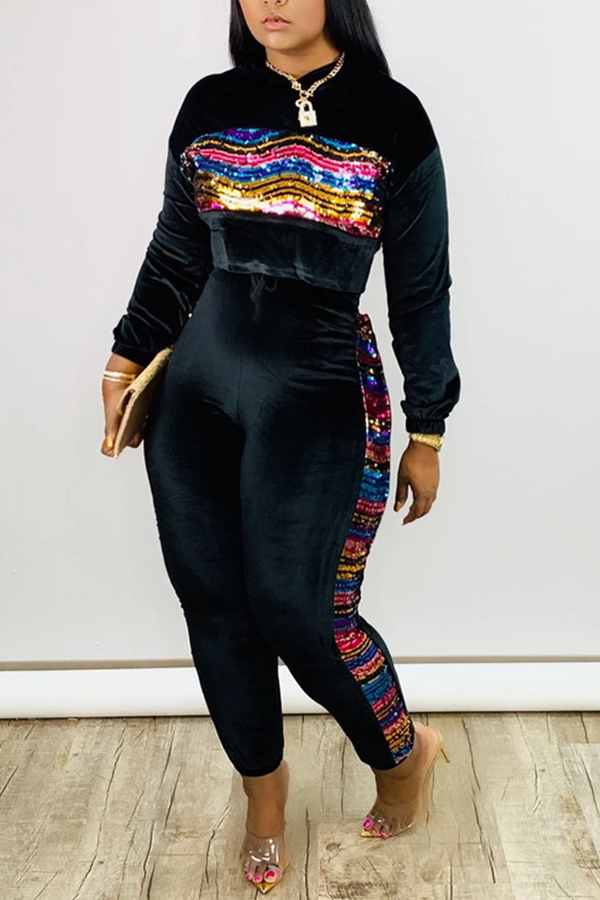 

Lovely Casual Patchwork Black Two-piece Pants Set