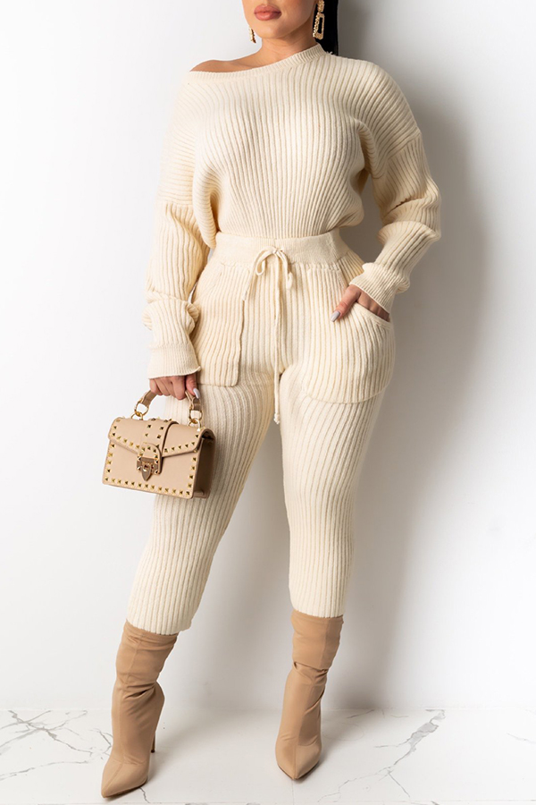 

Lovely Trendy O Neck Drawstring Beige Two-piece Pants Set