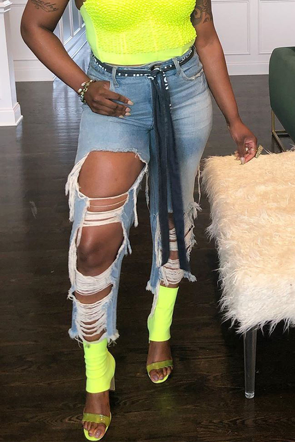 

Lovely Trendy Hollow-out Blue Jeans