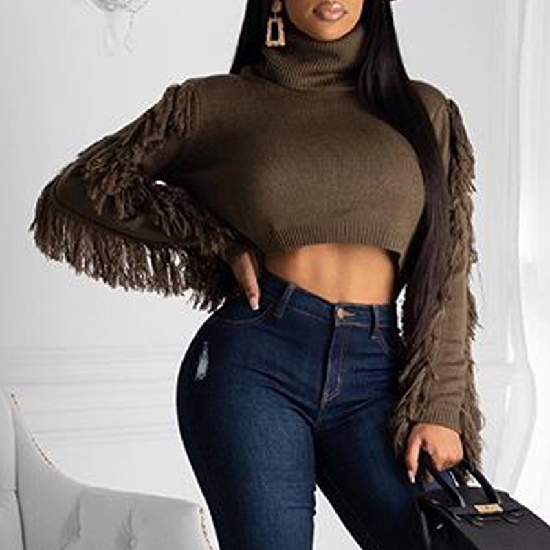 

Lovely Casual Tassel Design Deep Camel Sweater