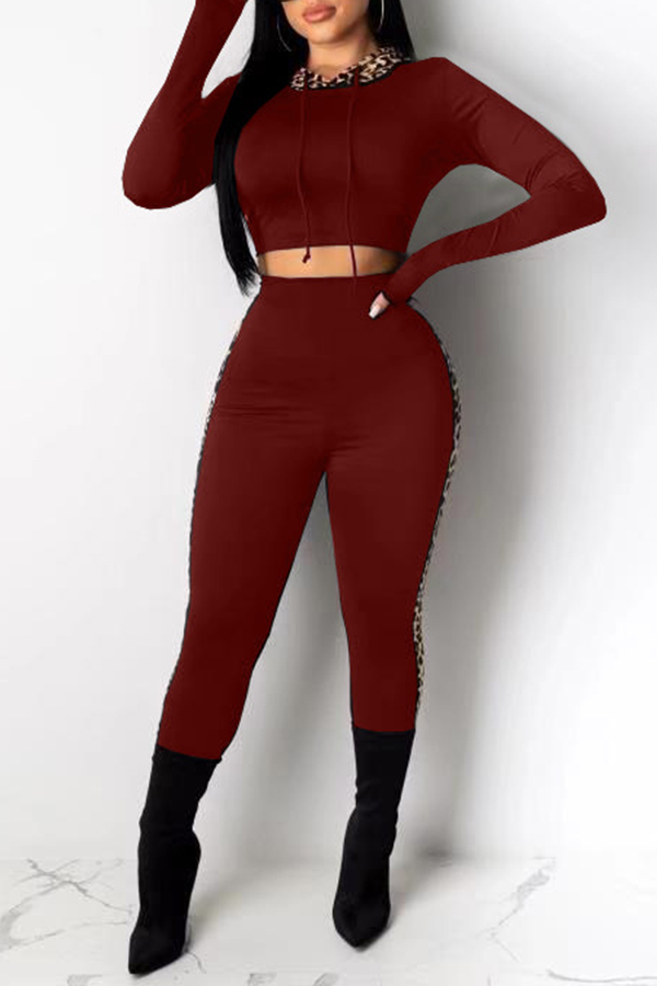 

Lovely Leisure Hooded Collar Crop Top Wine Red Two-piece Pants Set