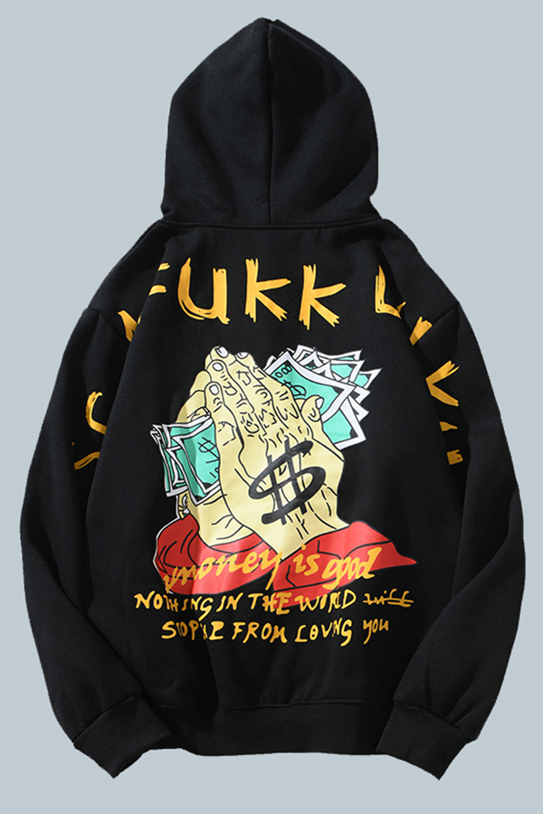 

Lovely Street Hooded Collar Print Black Hoodie