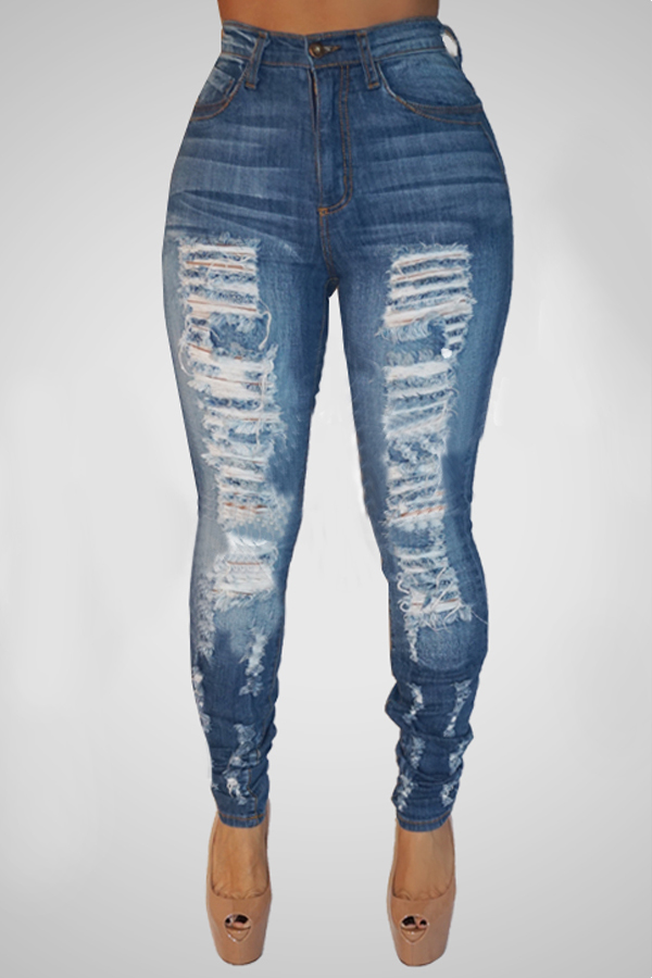 

Lovely Trendy Broken Holes Blue Jeans