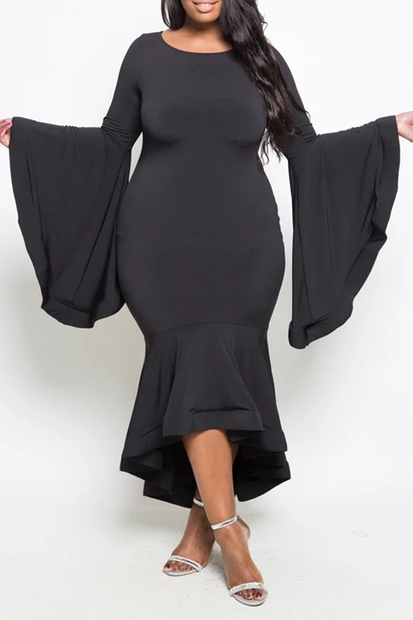 

Lovely Casual Flounce Black Trumpet Mermaid Ankle Length Plus Size Dress