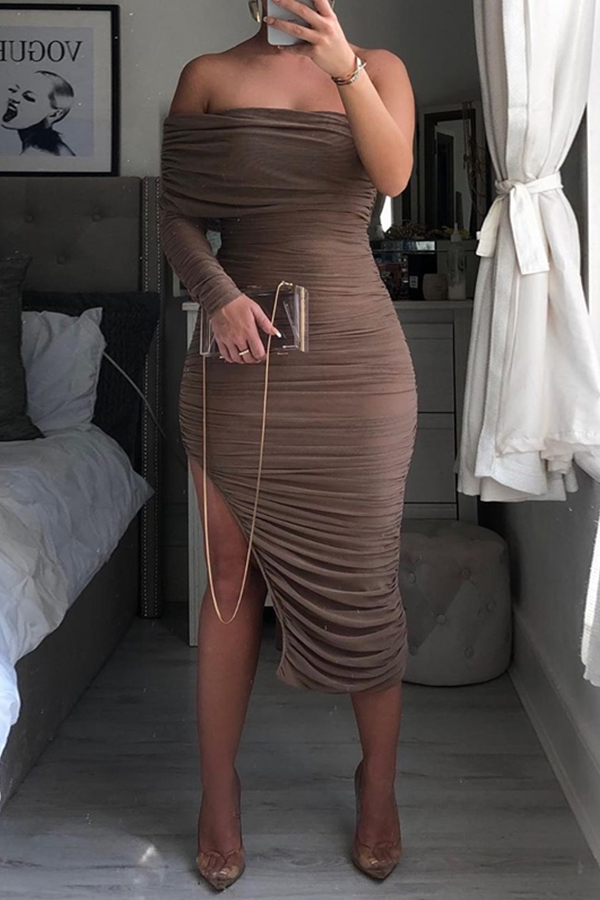 

Lovely Trendy One Shoulder Ruffle Design Brown Mid Calf Dress