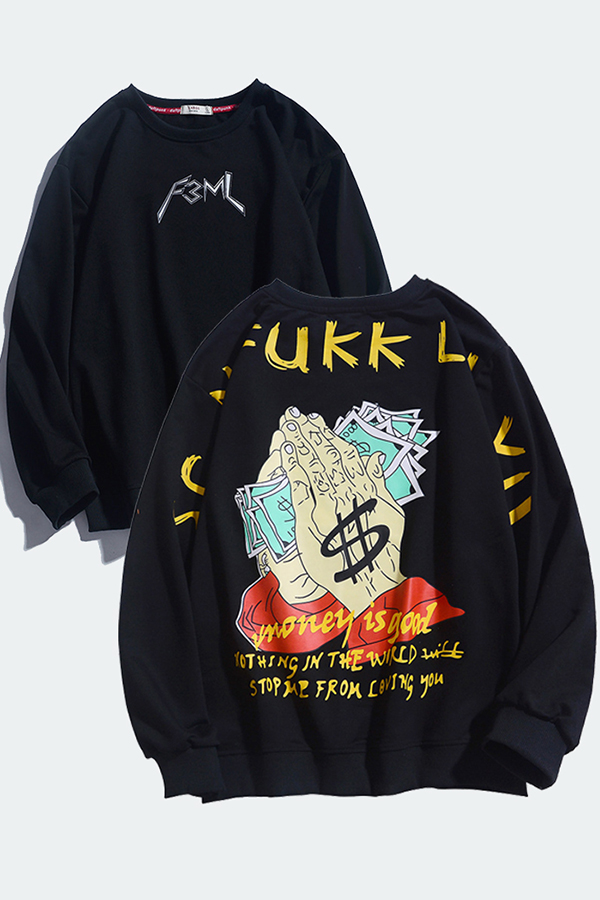 

Lovely Casual Print Black Hoodie