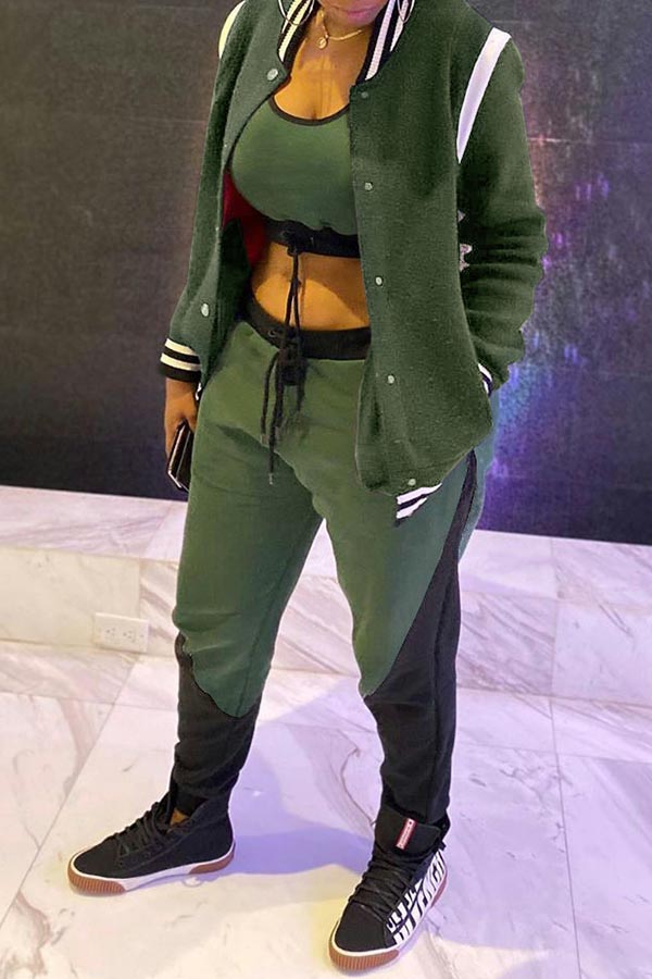 

Lovely Chic Patchwork Zipper Design Army Green Two-piece Pants Set