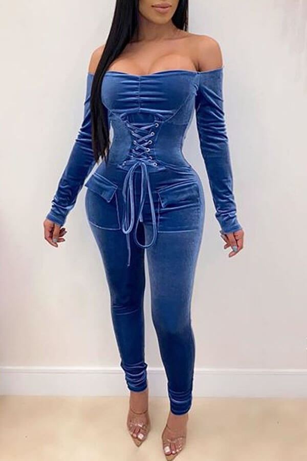 

Lovely Stylish Bandage Design Blue One-piece Jumpsuit
